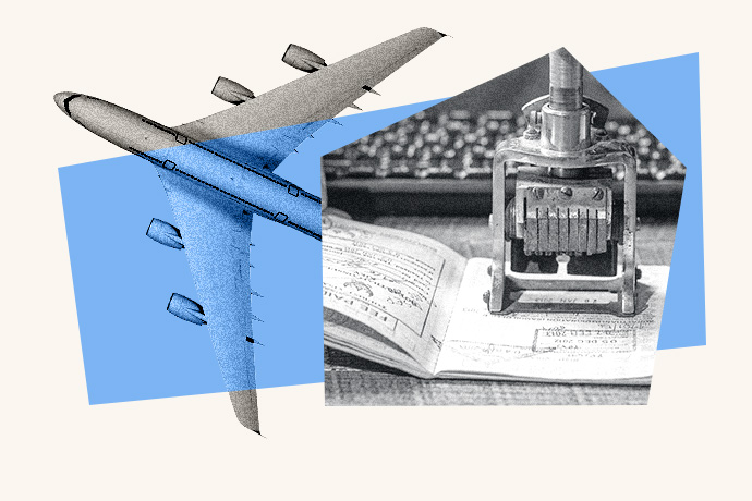 An illustrated collage of an airplane and a passport being stamped