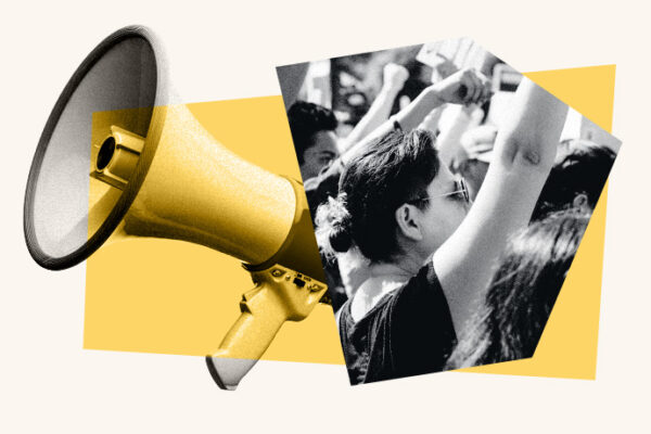 An illustrated collage of people protesting and a megaphone