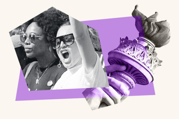 An illustrated collage of two people protesting and the Statue of Liberty torch