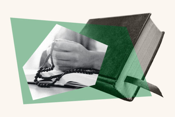 An illustrated collage of a book and someone praying while holding a string of beads
