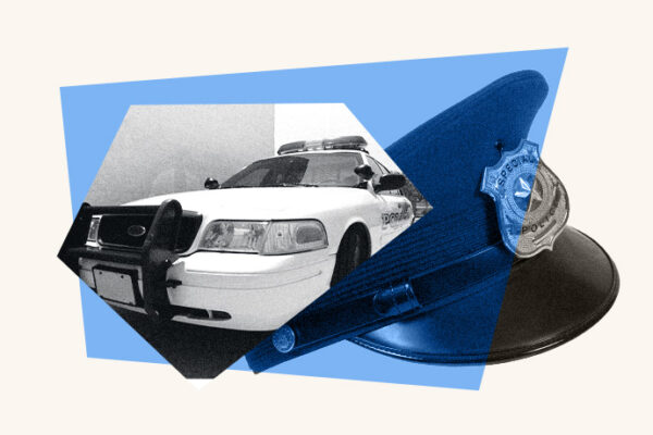 An illustrated collage of a police car and police hat