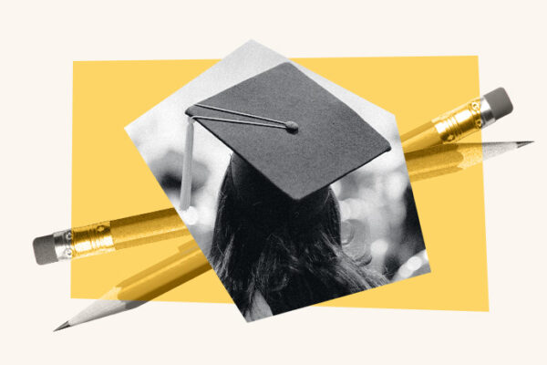 An illustrated collage of two pencils and someone wearing a graduate cap