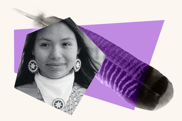 A collage of an Indigenous woman and a single feather