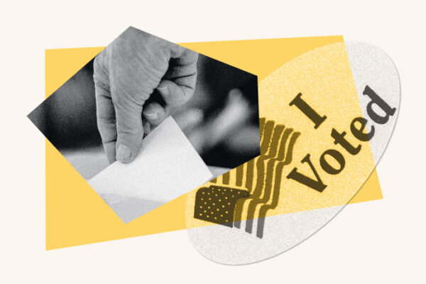 A collage of someone holding a ballot and an ‘I Voted’ sticker