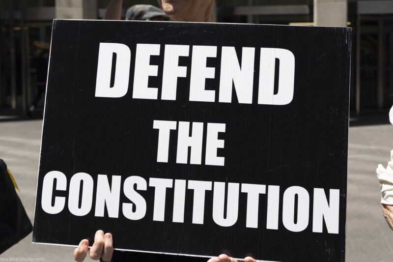 A demonstrator holds a sign (with white letters on a black background) that reads "DEFEND THE CONSTITUTION".