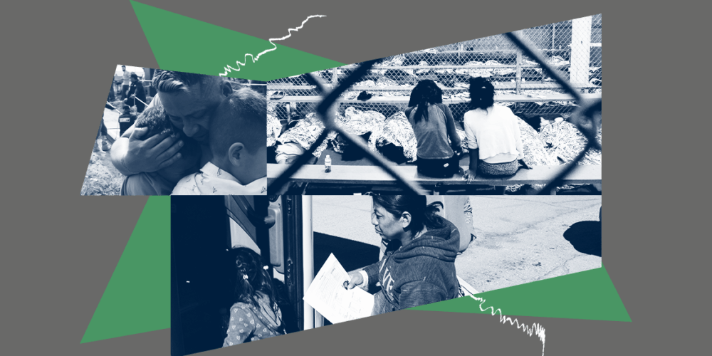 A graphic depicting images pertaining to children and ICE actions.