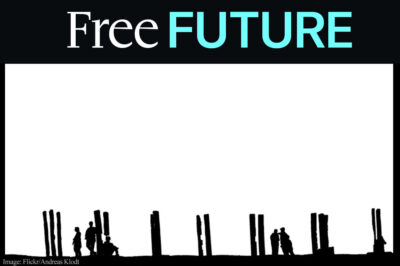 silhouette of people leaning against fenceposts that evoke a barcode