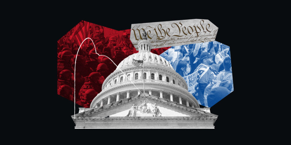 An image with graphics pertaining to Congress, the constitution, and U.S. troops.