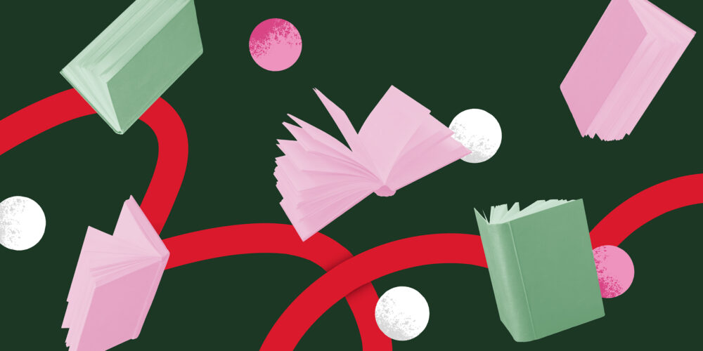 A graphic that includes images pertaining to reading and the holidays.