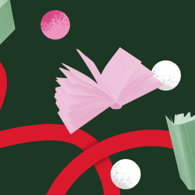 A graphic that includes images pertaining to reading and the holidays.