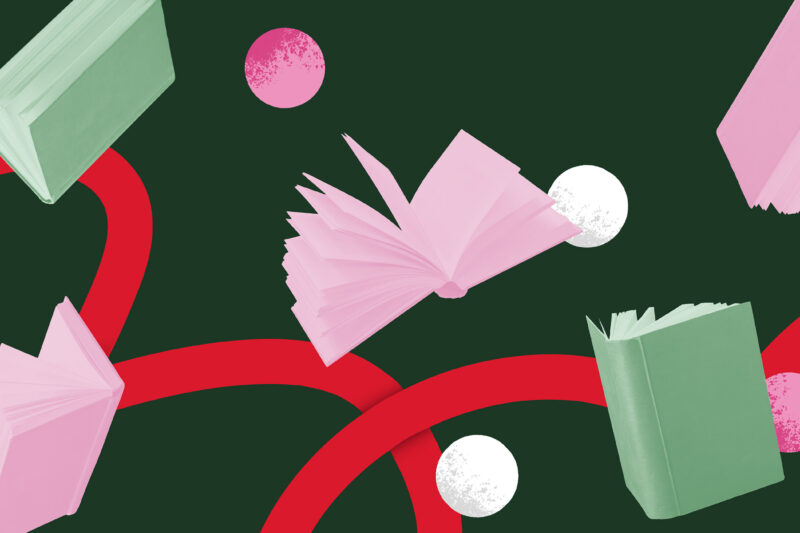 A graphic that includes images pertaining to reading and the holidays.