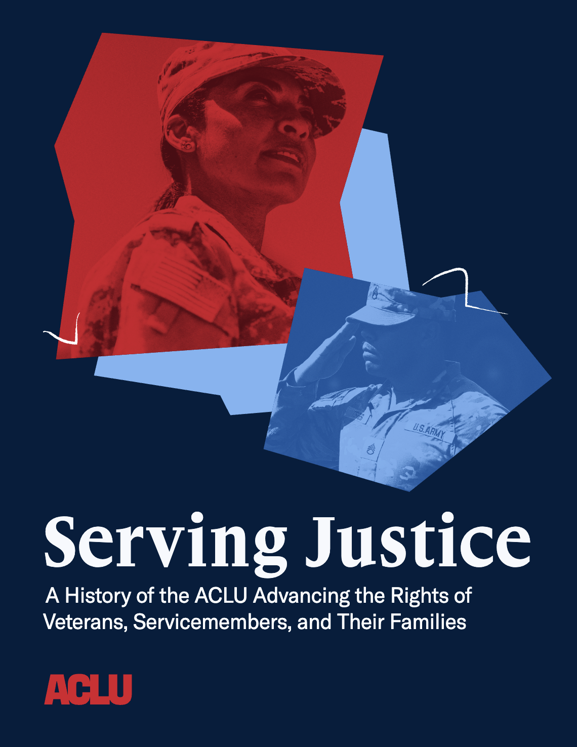 Cover of Serving Justice publication, featuring graphics of servicemembers