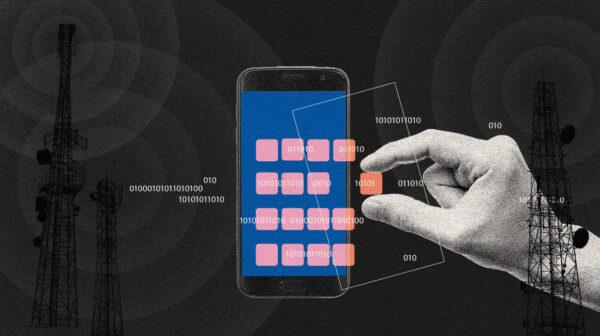 A graphic featuring images pertaining to technology and online censorship.