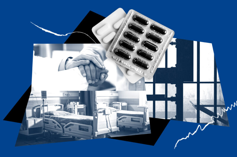Collage on a blue background showing prescription pills, a hospital bed, a doctor holding a patient’s hand, and barred windows, illustrating medical care and health conditions inside immigration detention or correctional facilities.
