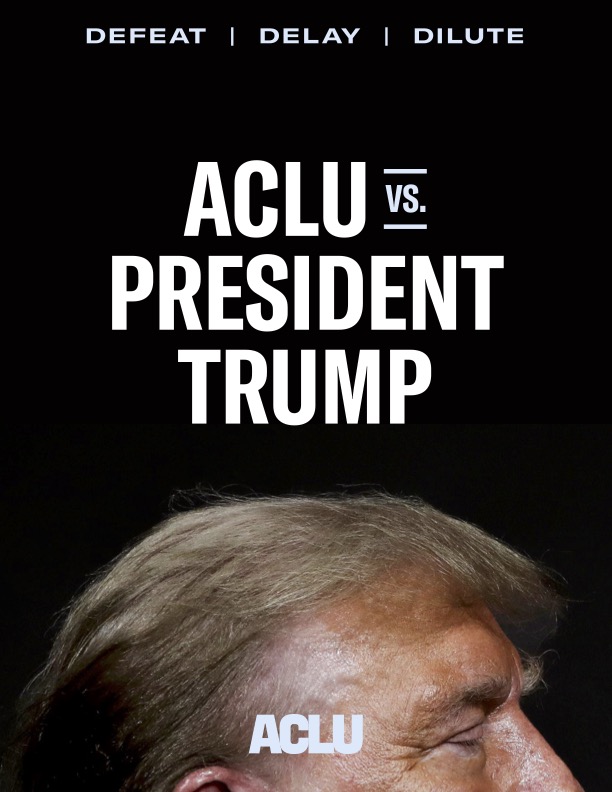 The cover image of our report Defeat, Delay, Dilute, ACLU vs. President Trump