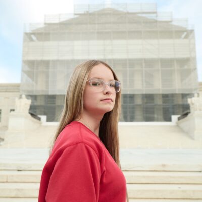 Becky Pepper-Jackson stands in front of the Supreme Court.