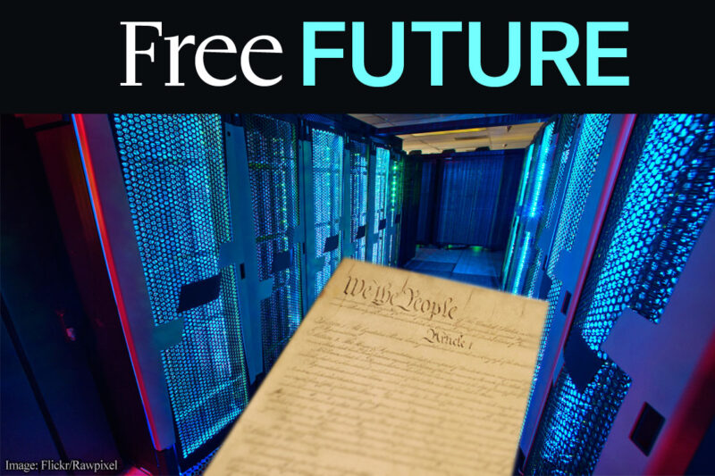The front page of the Constitution surrounded by a supercomputer