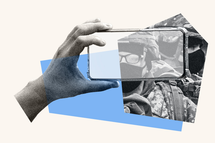 A collage of a phone camera recording federal agents.