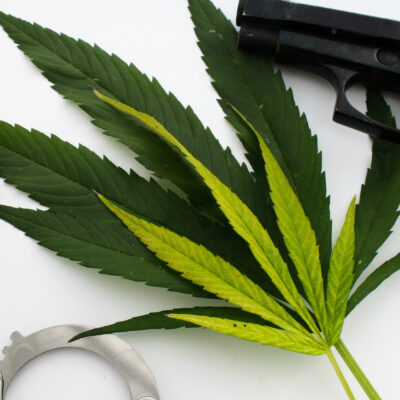 Handcuffs and a handgun next to cannabis leaves on a white background.