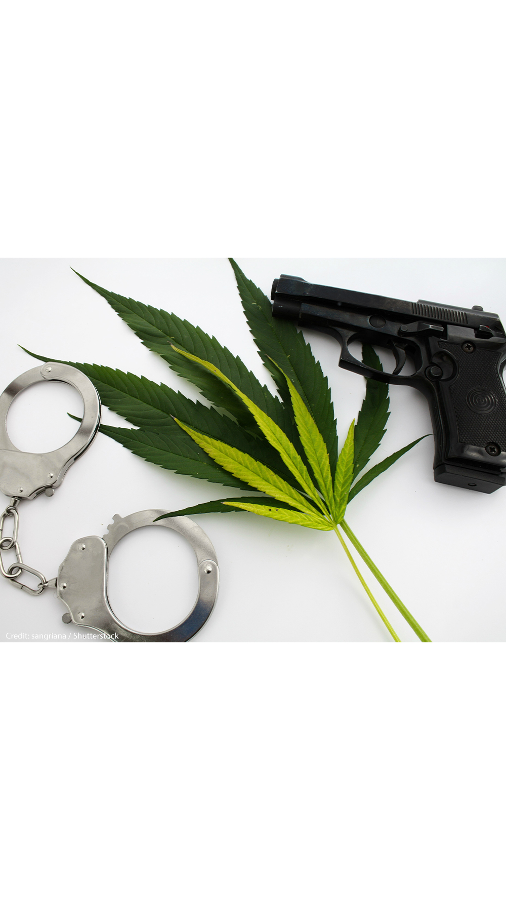 Handcuffs and a handgun next to cannabis leaves on a white background.