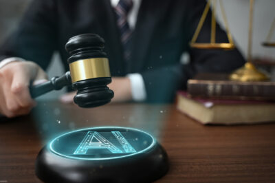 A judge, face not visible, holding a gavel above a glowing “AI” button on a desk, with scales of justice in the background.