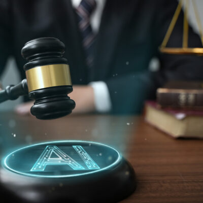 A judge, face not visible, holding a gavel above a glowing “AI” button on a desk, with scales of justice in the background.