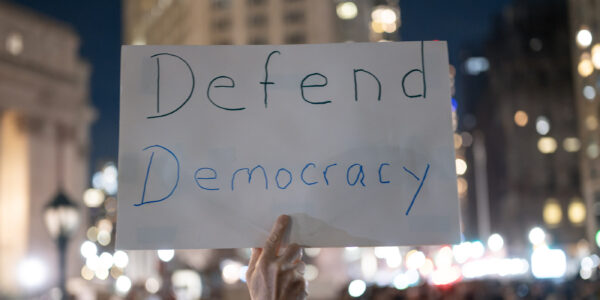A demonstrator holding a sign that says Defend Democracy.