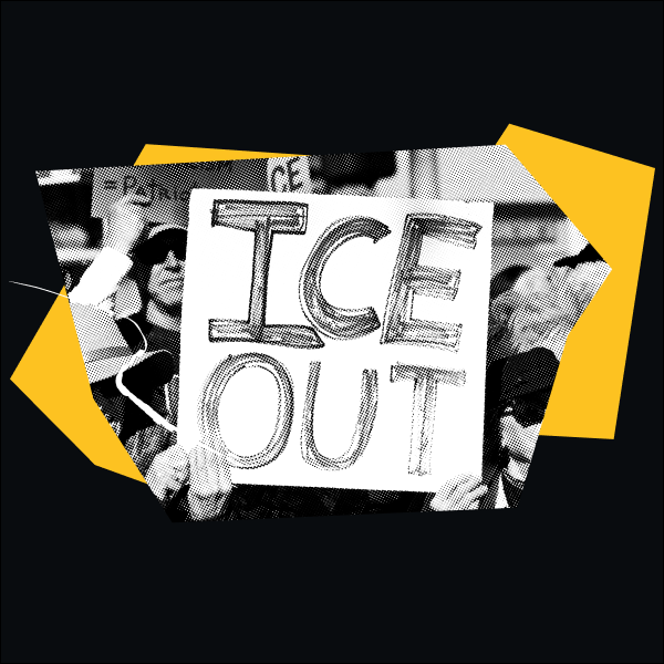 A collage of protestors and a protest sign that reads "ICE OUT."