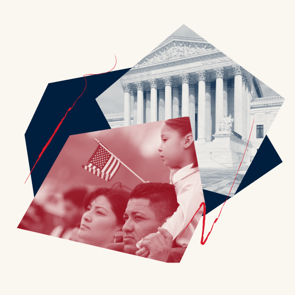 A father holds his young daughter on his shoulders, and she holds a small American flag.