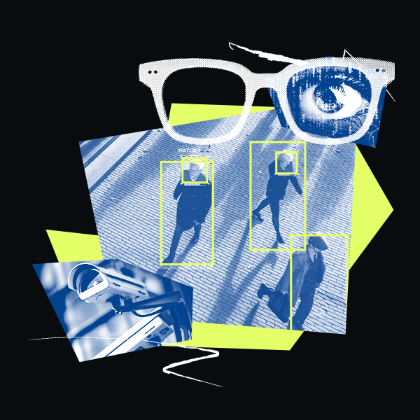 Images of facial recognition through eyewear.