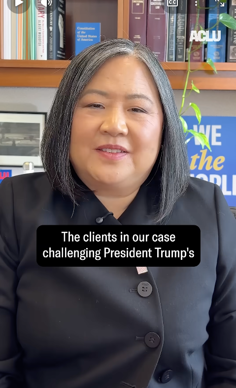 ACLU National Legal Director Cecillia Wang speaks directly to the camera.