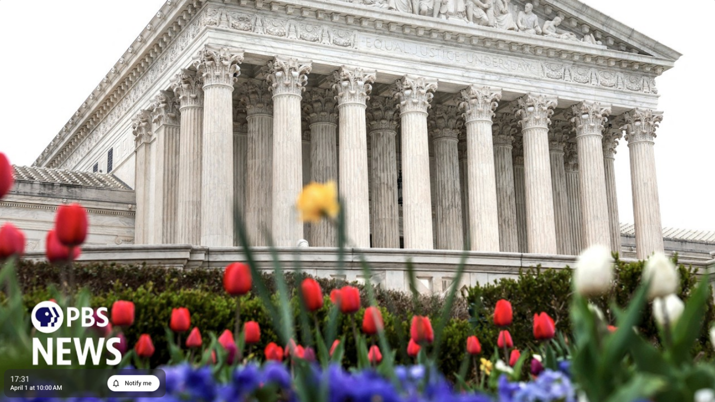 A screenshot of the PBS NewsHour livestream of the Supreme Court oral arguments.