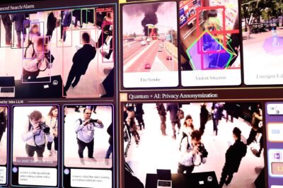 Large display showing an AI security surveillance dashboard using facial recognition-style tracking, with colored boxes around people in CCTV footage and labeled panels for "Advanced Search/Alarm," "Anomaly Analytics" (fire/smoke, violent situation, fall detection), and "Privacy Anonymization."