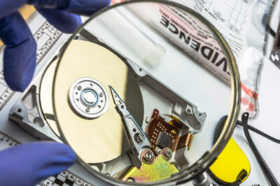 Gloved hands hold a magnifying glass over an opened computer hard drive on a forensic work surface, with evidence bags, tools, and safety glasses nearby.