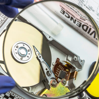 Gloved hands hold a magnifying glass over an opened computer hard drive on a forensic work surface, with evidence bags, tools, and safety glasses nearby.