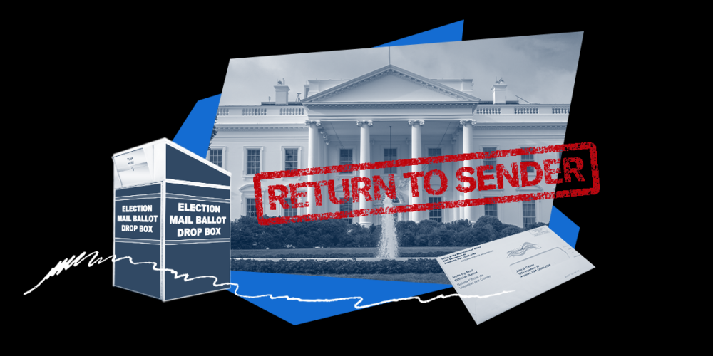 A graphic containing images pertaining to mail-in voting supression.