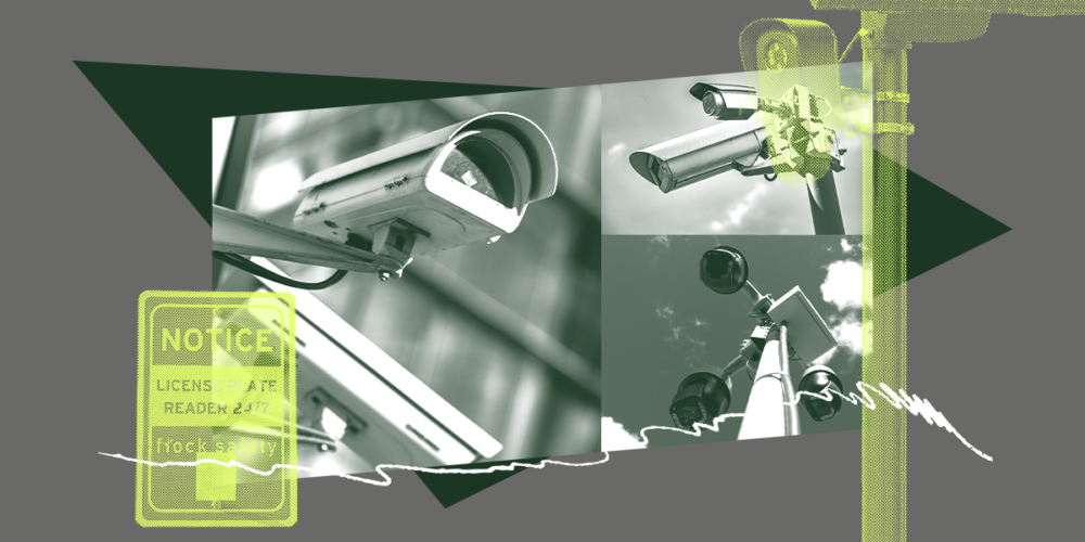 Graphic containing images pertaining to video surveillance.