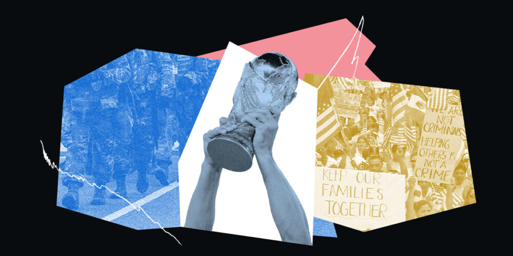 A graphic with images pertaining to the FIFA World Cup and immigrants' rights.
