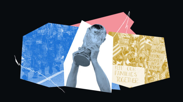 A graphic with images pertaining to the FIFA World Cup and immigrants' rights.