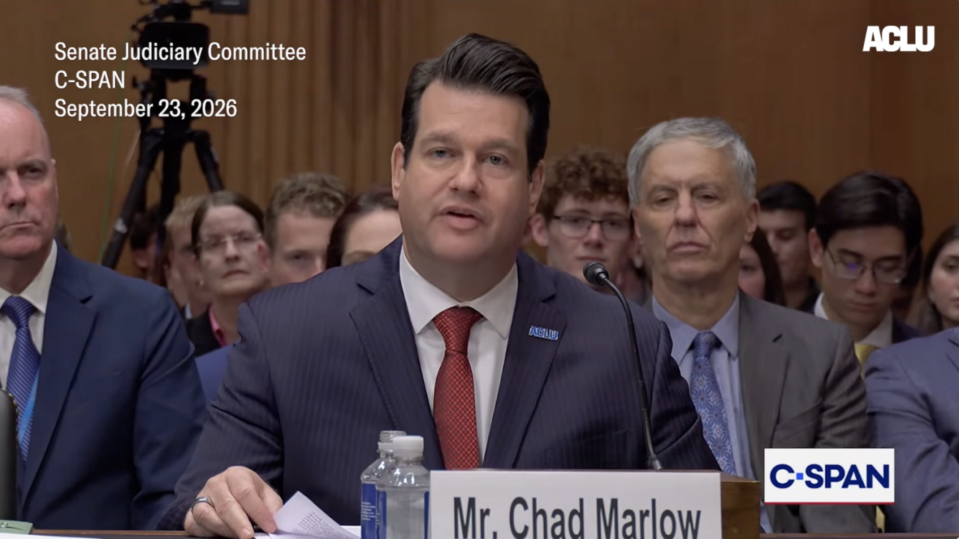 A screenshot of Chad Marlow testifying before Congress.