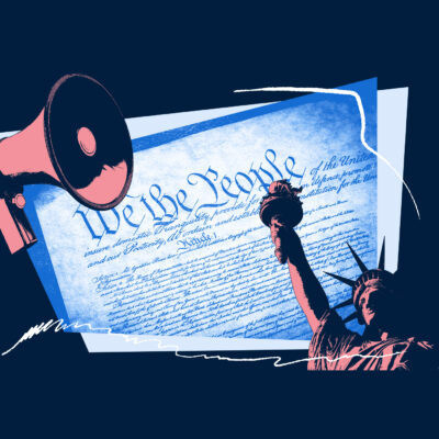 A graphic containing images pertaining to the Declaration of Independence and civil liberties.