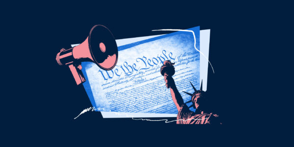 A graphic containing images pertaining to the Declaration of Independence and civil liberties.