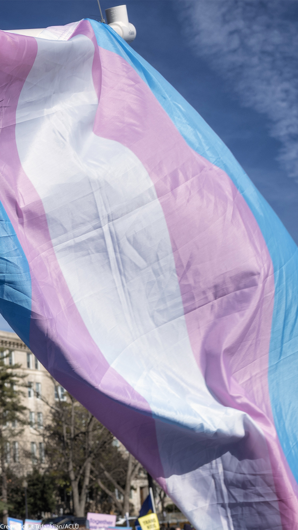 A large transgender pride flag waves on a flagpole against a blue sky, with an American flag flying on a tall pole and a government building in the background.
