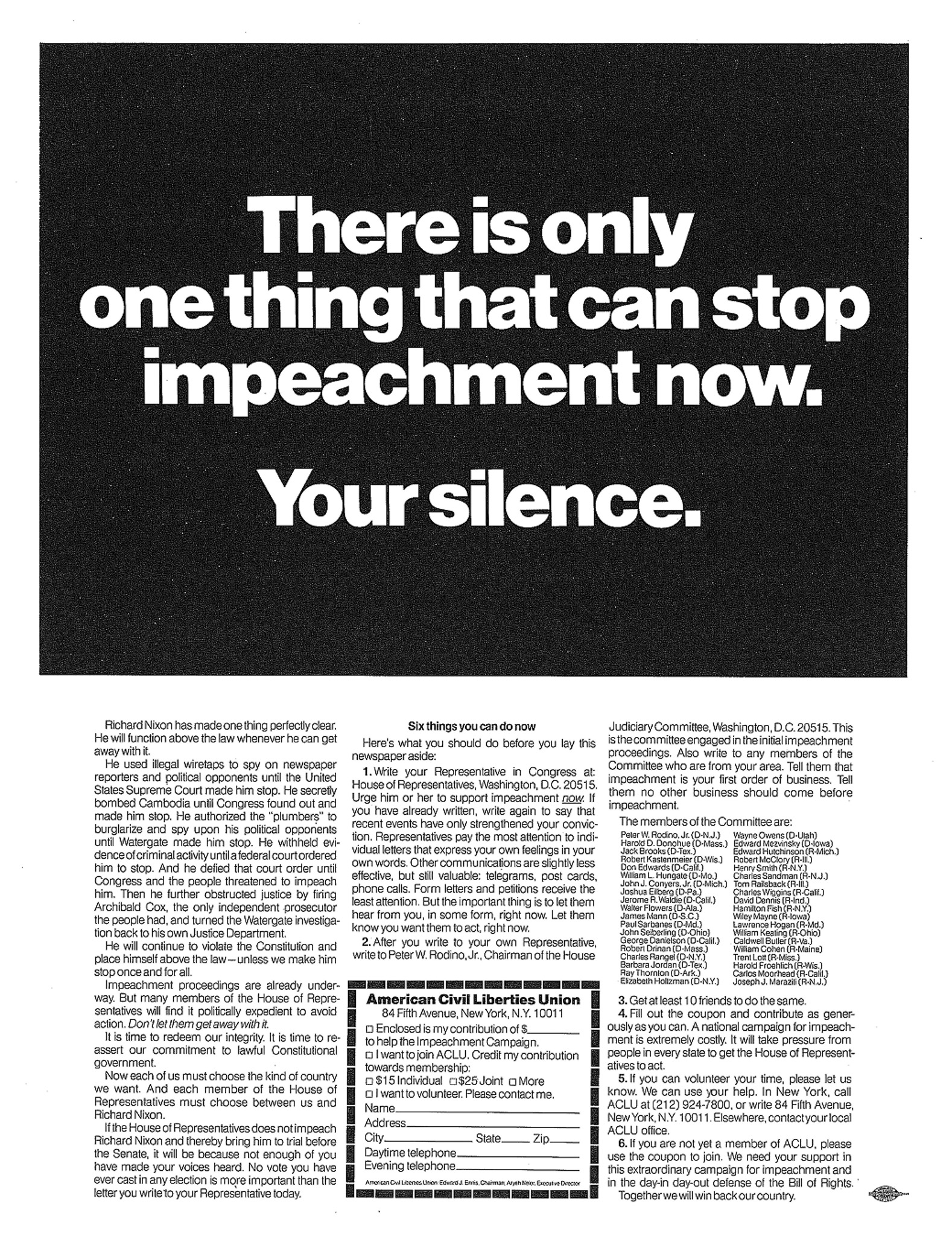 Scan of original advertisement for ACLU's Campaign to impeach Richard Nixon