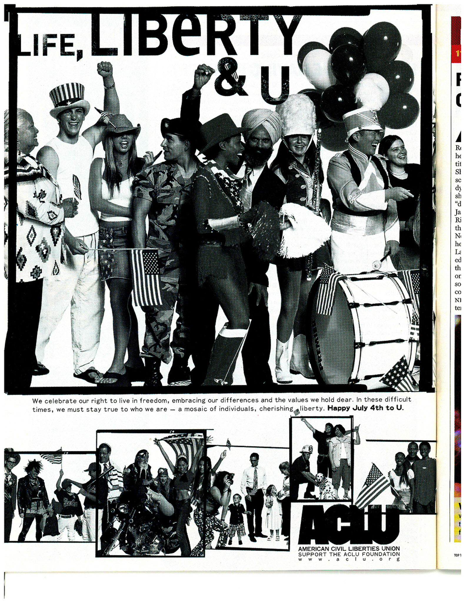 Magazine advertisement featuring a diverse group of people celebrating and the text: "Life, Liberty, & U"