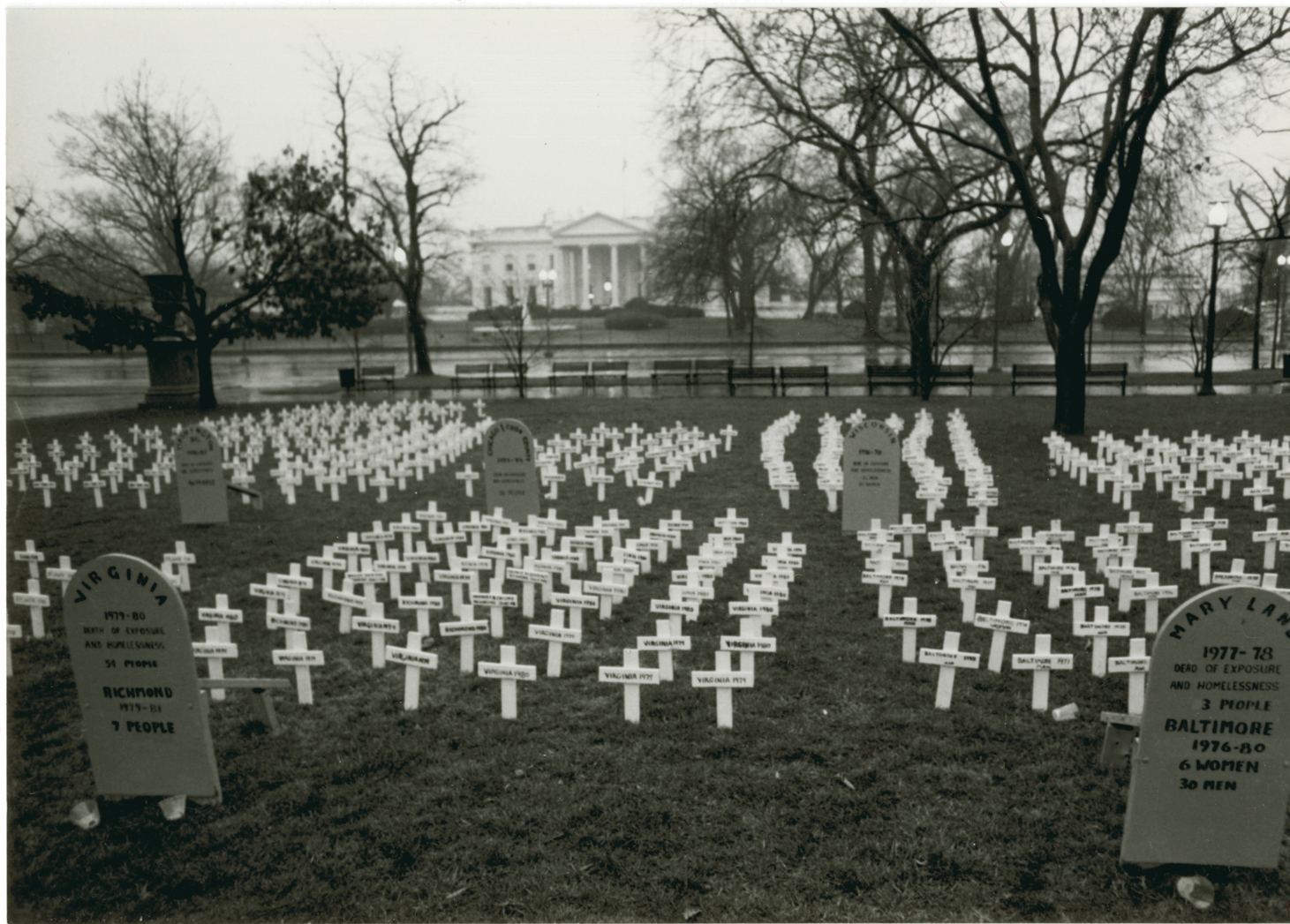 Photo of 'Reaganville,' a demonstration featuring planted crosses honoring unhoused people who died of exposure