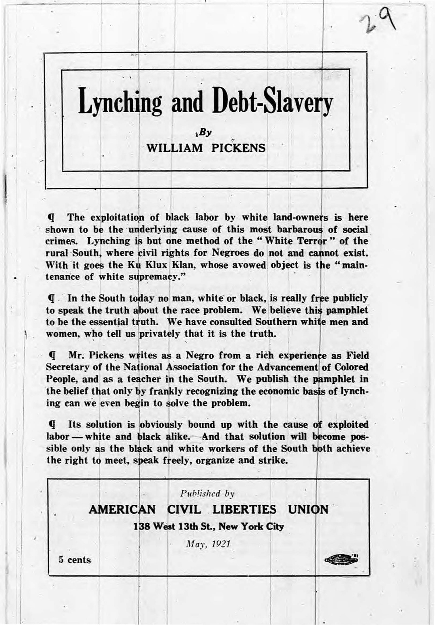 Scan of the original printed article: "Lynching and Debt-Slavery"