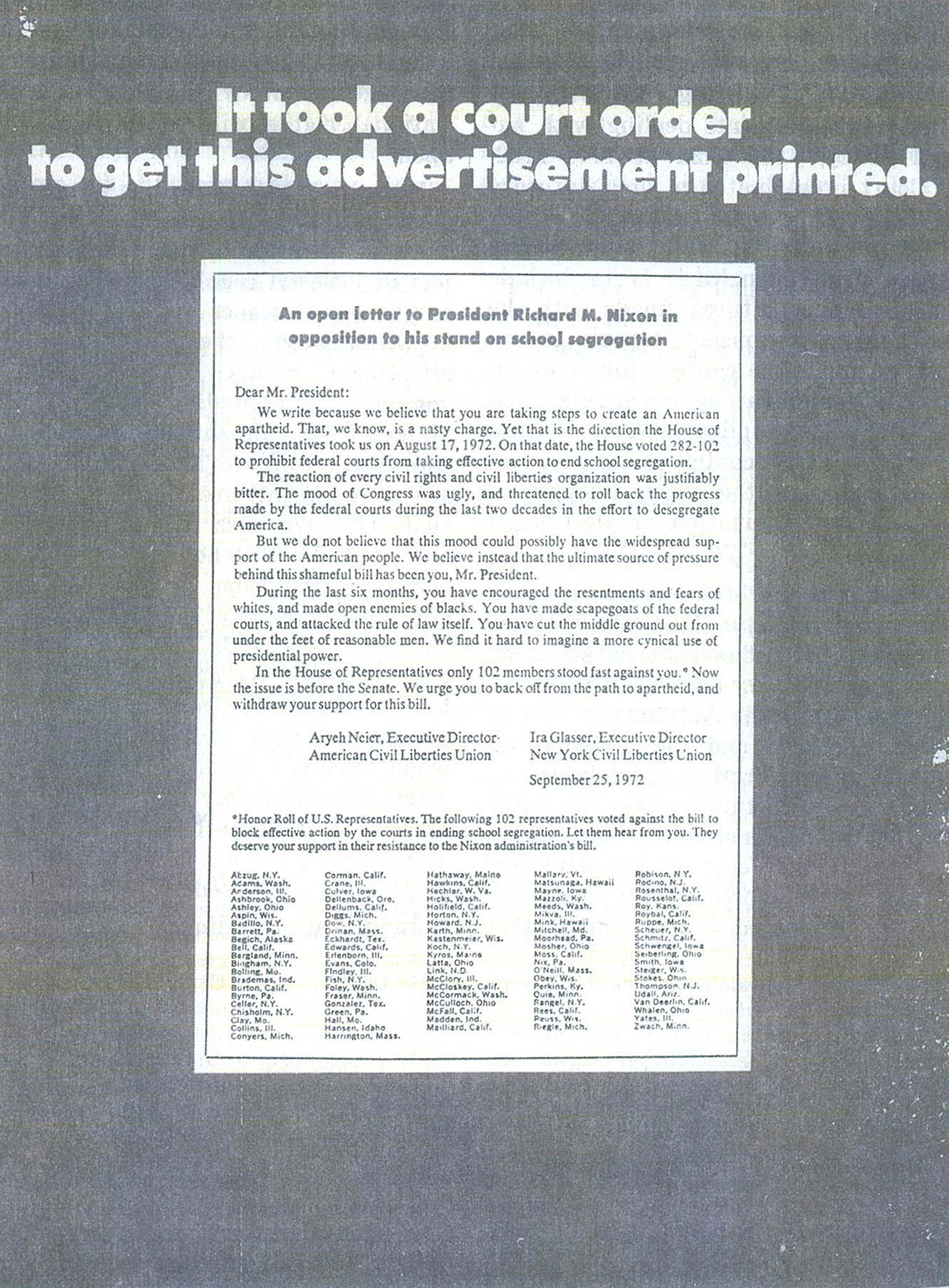 Scan of original advertisement printed in The New Republic containing an open letter to President Nixon from the ACLU in opposition to his standing on segregation in schools