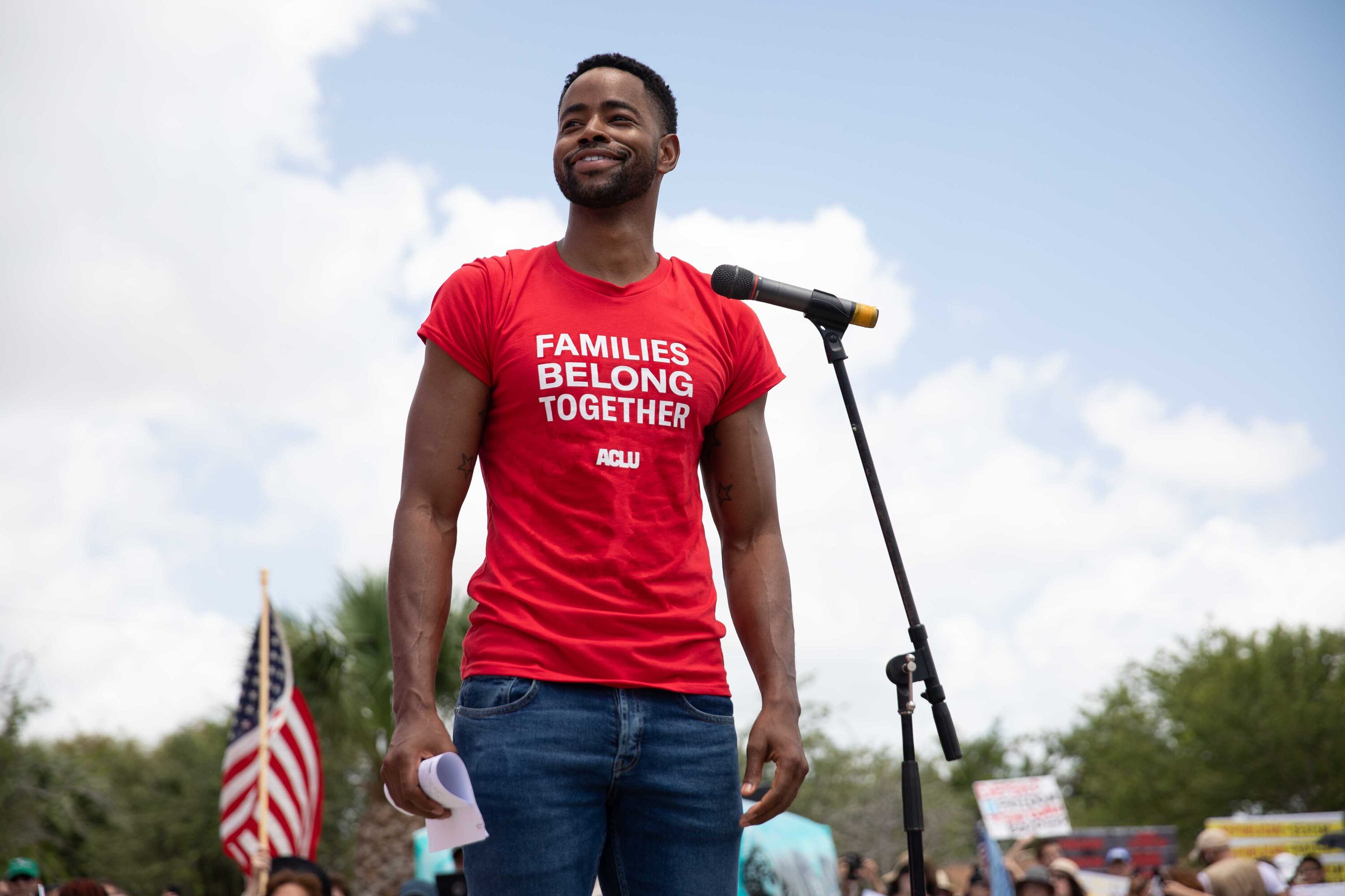 Jay Ellis speaks at ACLU's Families Belong Together rally