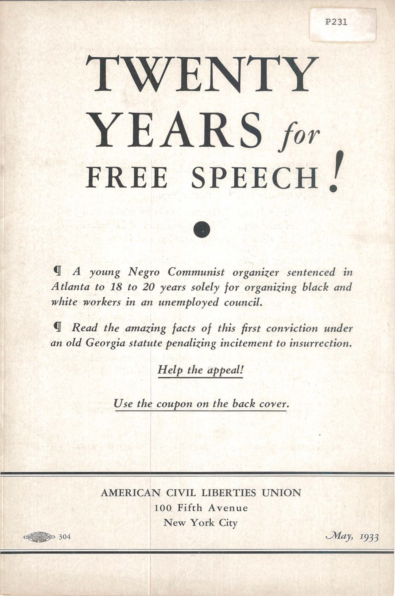 Scan of the original printed report: "Twenty Years of Free Speech!"